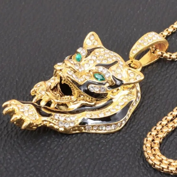 GOLD TIGER PENDANT WHITE TOPAZ/C CHROME DIOPSIDE/HAND ENAMEL 24-IN ROLO LINK CHA - Picture 3 of 3